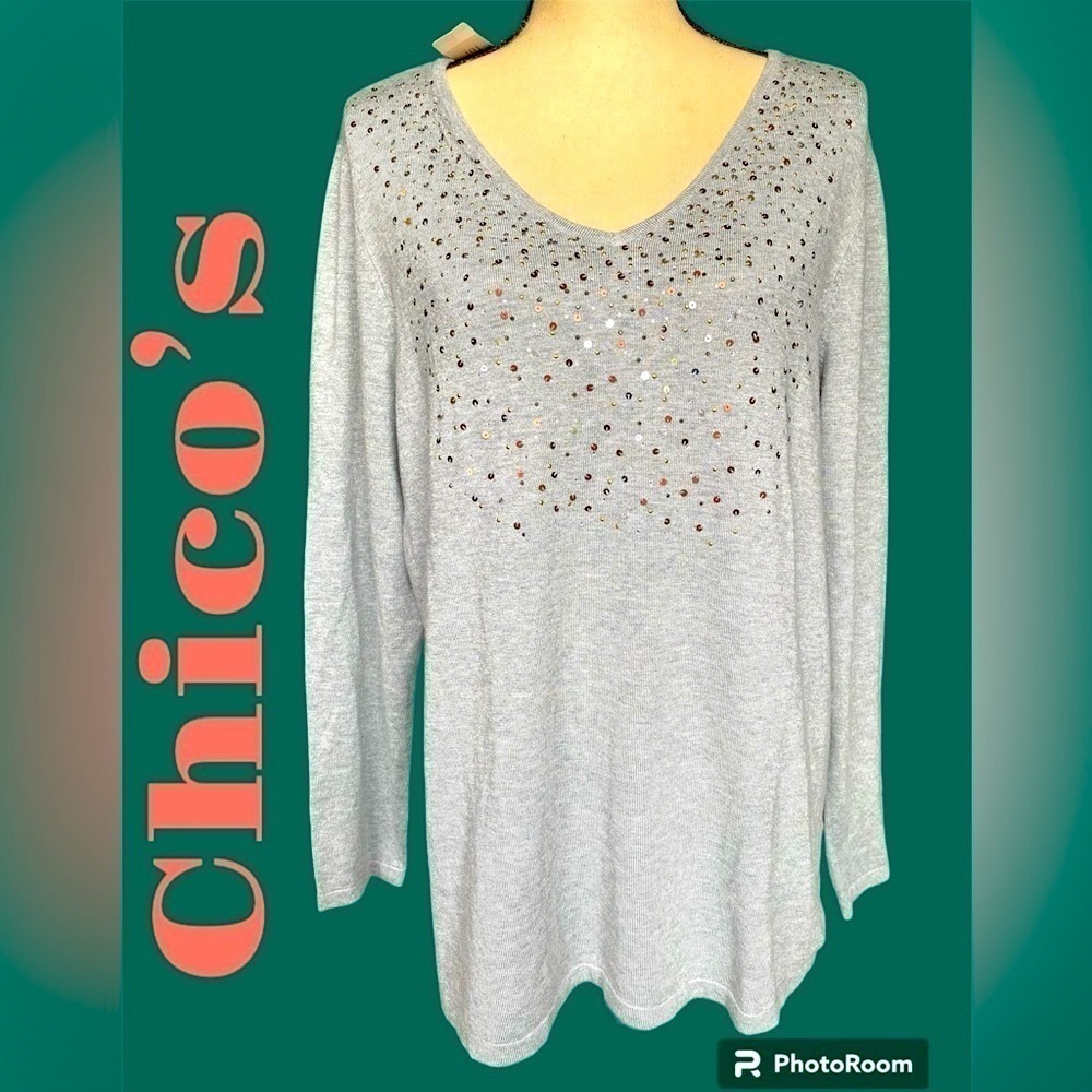 Chico’s- NWT size Large heather gray rayon-blend pullover sweater. Msrp $65.